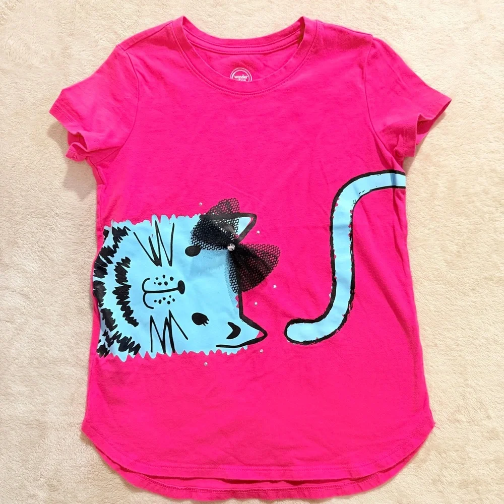 Wonder Nation Pink Shirt Blue Cat‎ with Black Tulle Bow Graphic Tee Size 6-6X